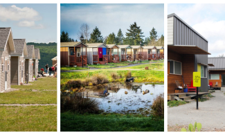 A triptych of three photographs showing small houses of different kinds.  The first photograhp has five micro peaked roof houses in a row receding into a background with hills, a doghouse in front and a house being built in the back.  The second has seven small houses with gently sloped roofs and various colors along a lanterned path, with a pond in the foreground.  The third shows four shipping container based houses along a splitting gravel path.